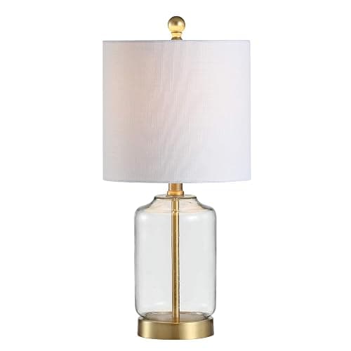 JONATHAN Y 19.5" Brass Gold and Clear Glass Table Lamp, Glam Transitional Bedside Lamp for Living Room Nightstand, White Linen Drum Shade, LED Bulb Included JYL1033A - Image 1