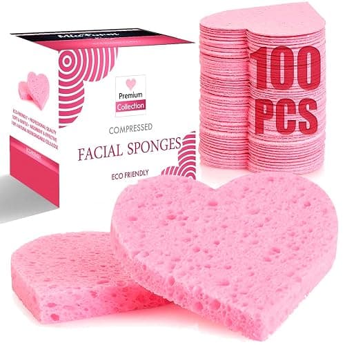 miaform 100-Count Compressed Facial Sponges, 100% Natural Cosmetic Spa Sponges for Facial Cleansing, Exfoliating Mask (Pink Heart) - Image 1