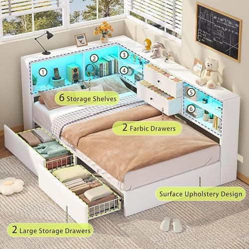 Twin Corner Bed Frame with Storage Bookcase and 4 Drawers, Upholstered Daybed Twin Size with Charging Station & LED Lights, White L-Shape Twin Size Bed Frames Metal Platform Bed for Kids Teenagers thumbnail 4