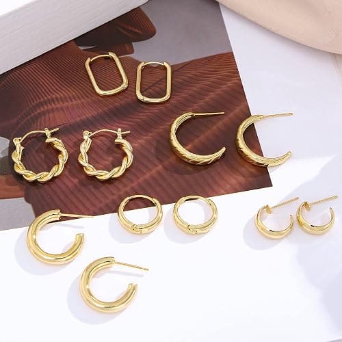 Hoop Earrings Set for Women, 6 Pairs 14K Gold Plated Lightweight Hypoallergenic Chunky Open Twisted Hoops Earrings Pack Jewelry thumbnail 7