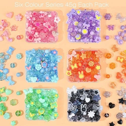 Sistenia 480PCS Acrylic Beads for Bracelet Making Kit with String, 6 Colors Assorted Cute Beads Bracelet Charms for Jewelry Making, Kawaii Bow Star Flower Shape for DIY Keychain Bag Necklace Charms thumbnail 5