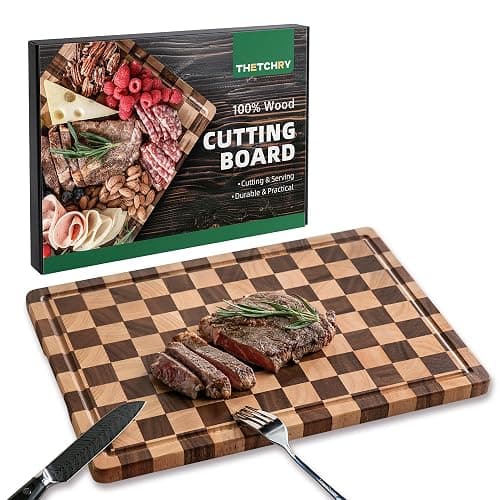 THETCHRY Cutting Boards for Kitchen, Checkered Cutting Board Upgraded, Acacia Wood Chopping Board with Juice Grooves & Handles, Large Butcher Block Serving Tray with Gift Box, 17"X12"X0.8" - Image 1