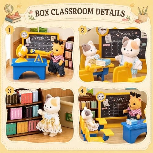 Dollhouse Classroom Furniture Suitcase Set for Kids, 3 Flexible Dolls/Blackboard/Desk/Chair/Podium/Bookshelf/Teaching aid, Pretend Play Dollhouse Accessories Christmas Birthday Gift for Girl Ages 3+ thumbnail 4