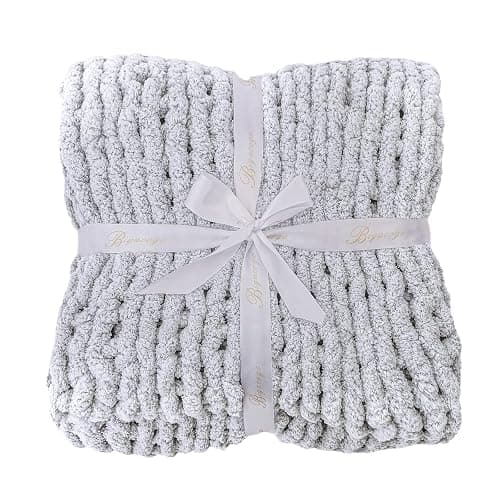 Bigacogo Chunky Knit Throw Blanket for Couch, 40x60 inches, 100% Hand Knitted with Thick Jumbo Chenille Yarn, Cozy Soft Large Rope Knot Cable Crochet Blankets for Sofa Bed Living Room, Light Grey thumbnail 8