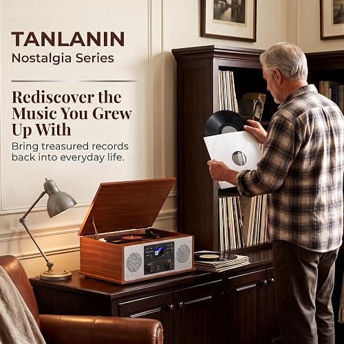 10 in 1 Bluetooth Record Player All-in-One Multimedia Center | Stereo Speakers, CD Player, Internet Radio, 3-Speed Turntable, Clock, Alarm, USB Recording, RCA Out, LCD Display, Red Wood thumbnail 15
