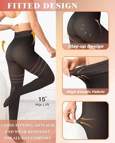 Unesmaro Women's Thermal Fleece Lined Tights, Translucent Skin Tone Pantyhose Style Leggings for Winter Warmth thumbnail 4
