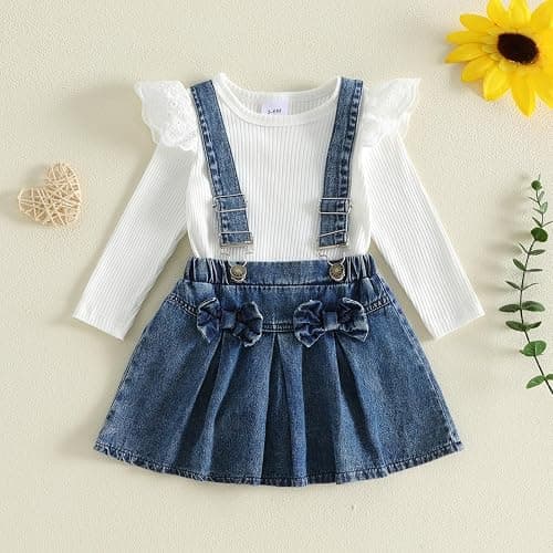 XIXIMAON Summer Fall Baby Girl Clothes Ribbed Romper Denim Skirt Set 2pcs | Infant Baby Girl Autumn Winter Outfits Solid Color Ruffle Long Sleeve Ribbed Knit Romper Bow Front Denim Overall Dress Set thumbnail 2