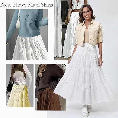 DERAX Women's Boho Flowy White Maxi Skirt Flared Ruffle Elastic Waist Summer A Line 2026 Spring Long Skirts thumbnail 4