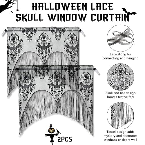 ZeeDix 2 Pcs Halloween Lace Curtains Black Skull Tassel Window Door Curtain | 2 Pcs Black Lace Skull Curtains For Halloween Window, Door, Mantel & Wall, Great For Halloween Party Decor, Party Supplies thumbnail 3
