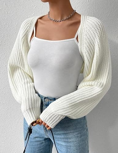 SECRETEYARD Women's Long Sleeve Open Front Knitted Crop Cardigan Drop Shoulder Knit Bolero Shrug Sweater thumbnail 2