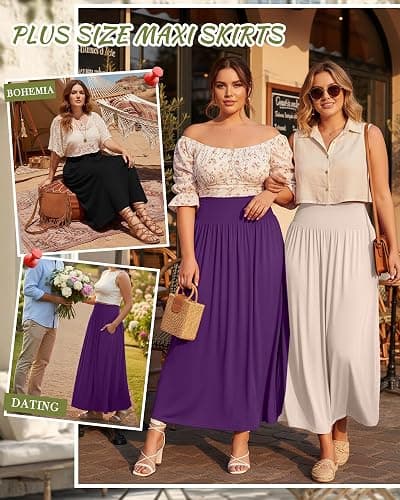 Ficerd 3 Pack Plus Size Maxi Skirts for Curvy Women Pockets Casual 2026 Boho Summer Flowy Long Skirt a Line High Waist Dress thumbnail 2
