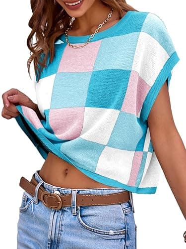 Saodimallsu Womens Cap Sleeve Crop Tops Summer Color Block Going Out Crew Neck Knit Trendy Casual Sweater thumbnail 3