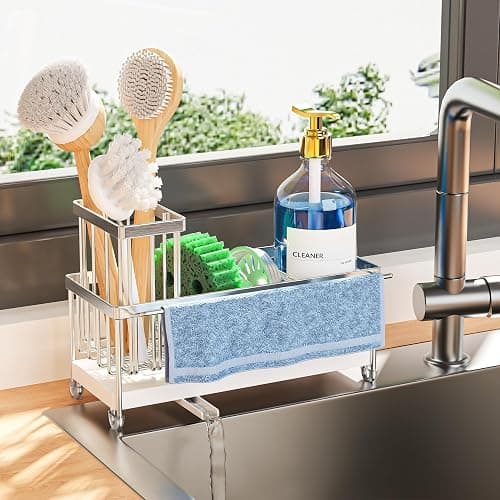Cisily Stainless Steel Sponge Holder for Kitchen Sink with Towel Rack, Sink Caddy with Kitchen High Brush Holder, Organzier Rustproof 304 Stainless Steel Dish Organizer Divider, Soap Dispenser Storage - Image 1