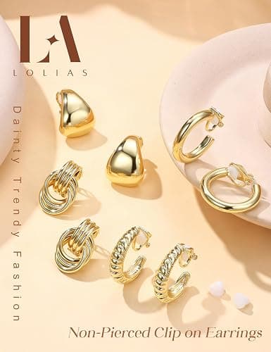 LOLIAS Clip On Earrings for Women 14K Gold Plated Clip Earrings Non Pierced Ears Clips CZ Pearl Knot Twist Chunky Hoop and Studs Earring Set Hypoallergenic Fake Earings Jewelry thumbnail 6