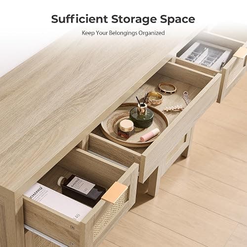 SICOTAS Rattan Vanity Home Office Desk - 52" Large Farmhouse Boho Makeup Vanity Dressing Table with 3 Drawers & 2 Storage Cabinets, Vanities Desk for Makeup Room, Bedroom, Home Office, Light Oak - Reclaimed Light Oak - 1 Piece thumbnail 4