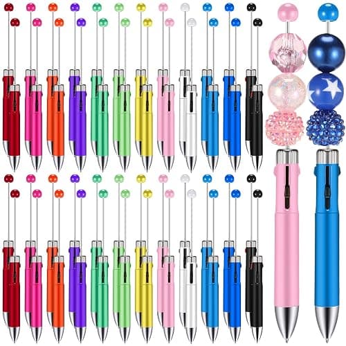 Chivertion 50 Pcs Plastic Beadable Pen Bulk Multicolor 4 in 1 Pens Colored Bead Ballpoint Pen Beaded Pens for DIY Making Kit Gifts(Bright Color) - Image 1