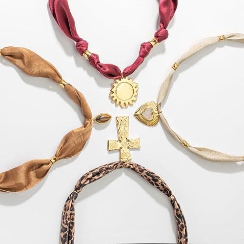 Mixcbe Bandana Necklace for Women,Gold Dainty Charm Necklace with Heart, Cross, Sun Pendants, Carabiner Lock - Boho Beach Vintage Scarf Necklaces thumbnail 4
