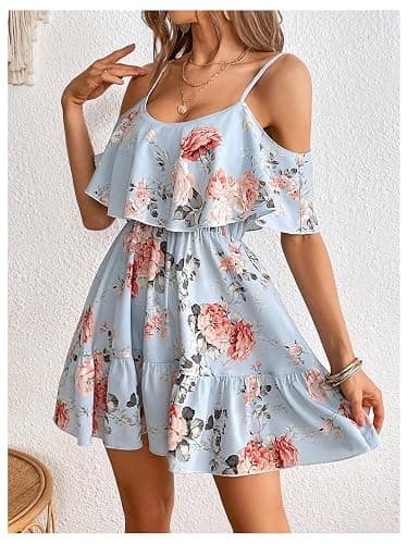 SOLY HUX Women's Boho Floral Print Cold Shoulder Dress Short Sleeve Ruffle A Line Vacation Elegant Mini Dresses thumbnail 2