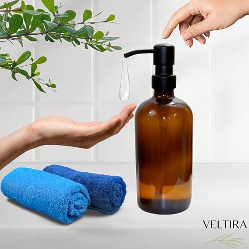 Distributeurs de Savon en Verre - Pack de 2 - Savon Mains - Liquide Vaisselle - Gel Douche - Shampoing - Plateau en Bois, Entonnoir Plastique, Etiquettes - Accessoires Salle de Bain Cuisine (Ambre) thumbnail 3