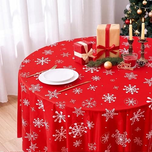 Ganeen 12 Pcs Snowflake Tablecloth Red White, Plastic Round Winter Xmas | Winter Table Covers with Placemats, Disposable for Easy Cleanup, Festive Snowflake Print for Holiday Parties thumbnail 2