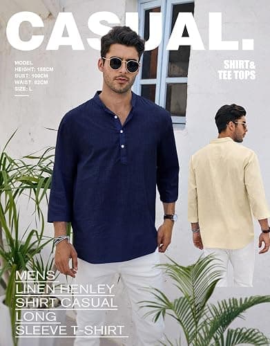 Ryannology Mens Linen Shirts Casual Cotton 3/4 Sleeve Regular-Fit Henley T-Shirt Summer Lightweight Beach Yoga Tops thumbnail 3