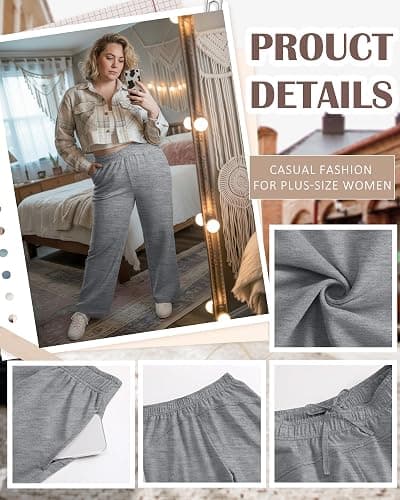 Oakgarden 3 Pack Women's Plus Size Sweatpants Casual Wide Leg Interior Drawstring High Waist Yoga Baggy Pants with Pockets thumbnail 5
