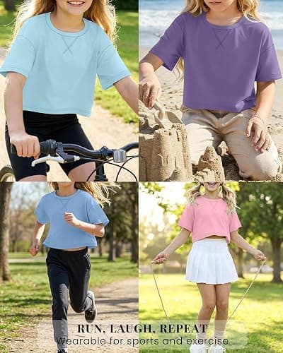 LessonZoo 4 Pack Girls Crop Tops 5-14Y Short Sleeve T-Shirts Tween Crew Neck Teen Oversized Cute Cropped Summer Athletic Tee thumbnail 2
