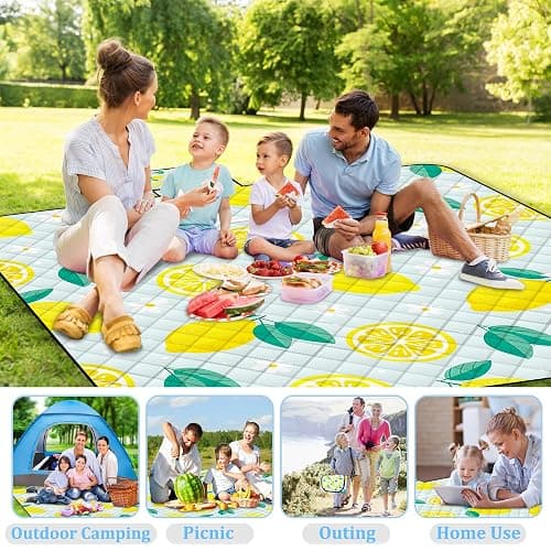 Extra Large Picnic Blanket Waterproof,80"x 80"Foldable Machine Washable Beach Blankets,Outdoor Blanket for 6-8 Adults,Picnic Mat Suitable for Indoor Crawling,Park Beach,Camping,Hiking,Travel(Lemon) thumbnail 6