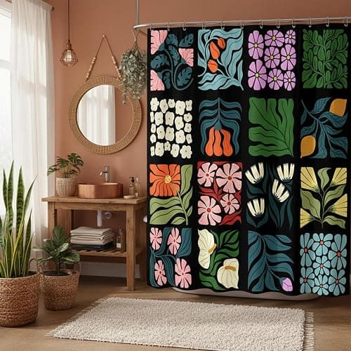 JAWO Retro Shower Curtain Vintage Abstract Cute Boho Floral Shower Curtains for Bathroom Decor Black Blue Botanical Geometric Groovy Aesthetic Pattern Shower Curtain Sets with Hooks, 70X70IN thumbnail 4
