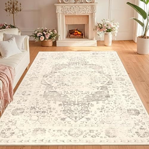 nesrt Boho Washable Area Rugs 5x7 Non Slip, Vintage Living Room Rugs, Ivory | Classic Large Thin Printed Soft Bedroom Nursery Floor Carpet for Farmhouse Dining Room Playroom Study Home Office - Image 1