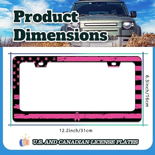 Breast Cancer Awareness Pink Ribbon License Plate Frame 2 Pack American Flag License Plate Holder for Front or Rear Car Tags Reusable Stainless Steel Funny Car Decoration with Screws 6.3 X 12.2 Inch thumbnail 3