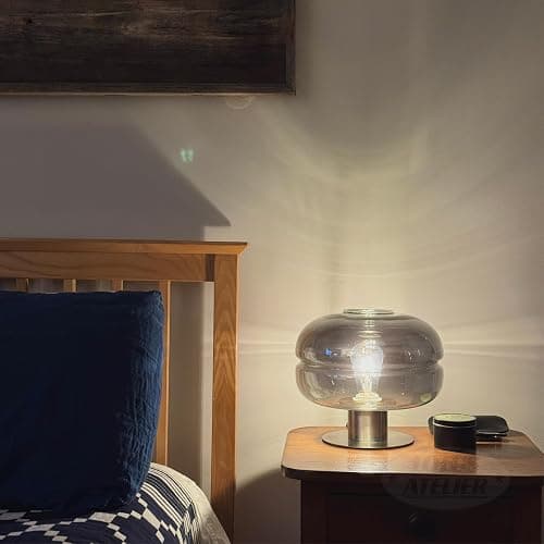 Lotus Atelier Modern Table Lamp, Smoked Glass Shade, Brushed Metal Base Aesthetic Home Decor thumbnail 3