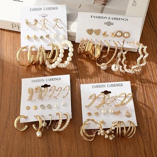 FAXHION 36 Pairs Gold Earrings Set for Women, Fashion Pearl Chain Link Stud Drop Dangle Earrings Multipack Hoop Earring Packs, Hypoallergenic Earrings for Birthday Party Jewelry - A-gold thumbnail 6