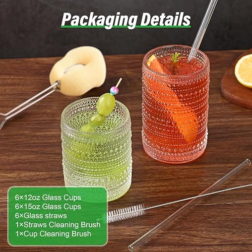 ZMOWIPDL Vintage Glassware Drinking Glasses Set of 12,Clear 12oz & 15oz Hobnail Glass Cups,Embossed Water Tumbler,for Beer,Cocktail,Whiskey,Juice and Various Mixed Drinks- 1 Cleaning Brush thumbnail 3