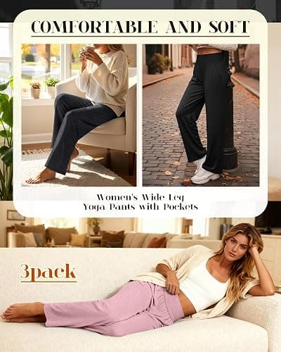 Neer 3 Pack Women's Wide Leg Yoga Pants, Comfy Lounge Pants with Pockets Ladies' Stretch Sweatpants Elastic Waist Joggers thumbnail 2