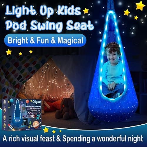 Light Up Kids Pod Swing Seat, Kids Hanging Hammock Swing Chair with LED Lights & Inflatable Pillow, Sensory Swing Pod Swing for Kids Indoor and Outdoor (Blue) thumbnail 3