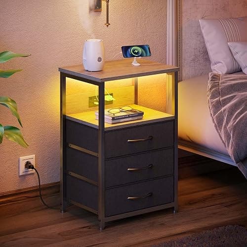 Seventable Nightstand with Charging Station and LED Light, Side Table with 3 Fabric Drawers, Bedside End Table with USB Ports and Outlets, Night Stand for Bedroom, Greige thumbnail 5