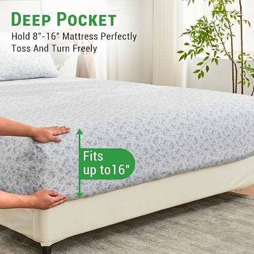 Gogreen 4PC Deep Pocket Queen Sheet Set Fit 16", Breathable Microfiber Soft Queen Size Sheet Set, Hotel Style Bed Sheet Set, Gift for Women, Men - Gray Flower thumbnail 4