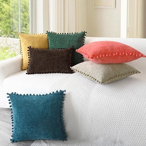 CaliTime Throw Pillow Covers Decorative 20 X 20 Inches Pack of 2 Cozy Solid Dyed Soft Chenille Cushion Cases with Pom Poms for Couch Sofa Bed Living Room Home Gold thumbnail 5