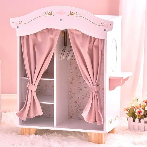 ROBUD Wooden Play Armoire Closet for Dolls, Doll Closet Furniture Wardrobe with 5 Hangers, Mirror, Velvet Curtains, Fit for 16-20in American Girl Doll Clothes, Gift for Boys & Girls, 3+ thumbnail 8