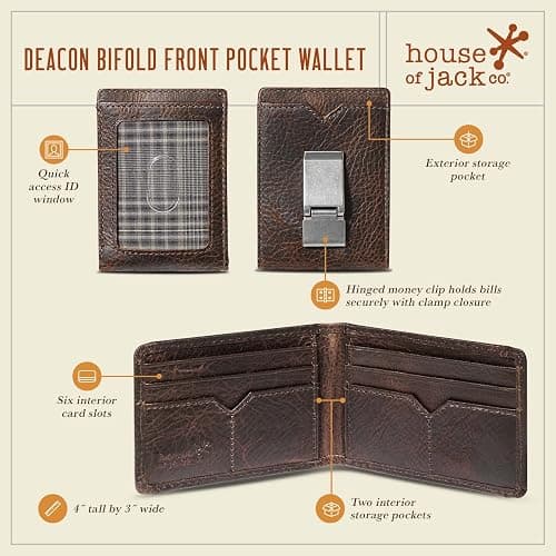 House of Jack Co. Deacon Bifold Money Clip Wallet for Men – Slim Front Pocket Leather Wallet with Metal Cash Clip, Exterior ID Window & Card Holder, Full-Grain Cowhide, Brown thumbnail 3