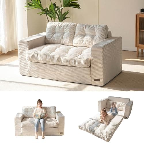 MAXYOYO Convertible Sofa Bed, Pull Out Loveseat Sofa Couch | 2 in 1 Folding Couch Bed, Fold Out Floor Couch with Pillows for Living Room Bedroom Lounge, Beige - Image 1