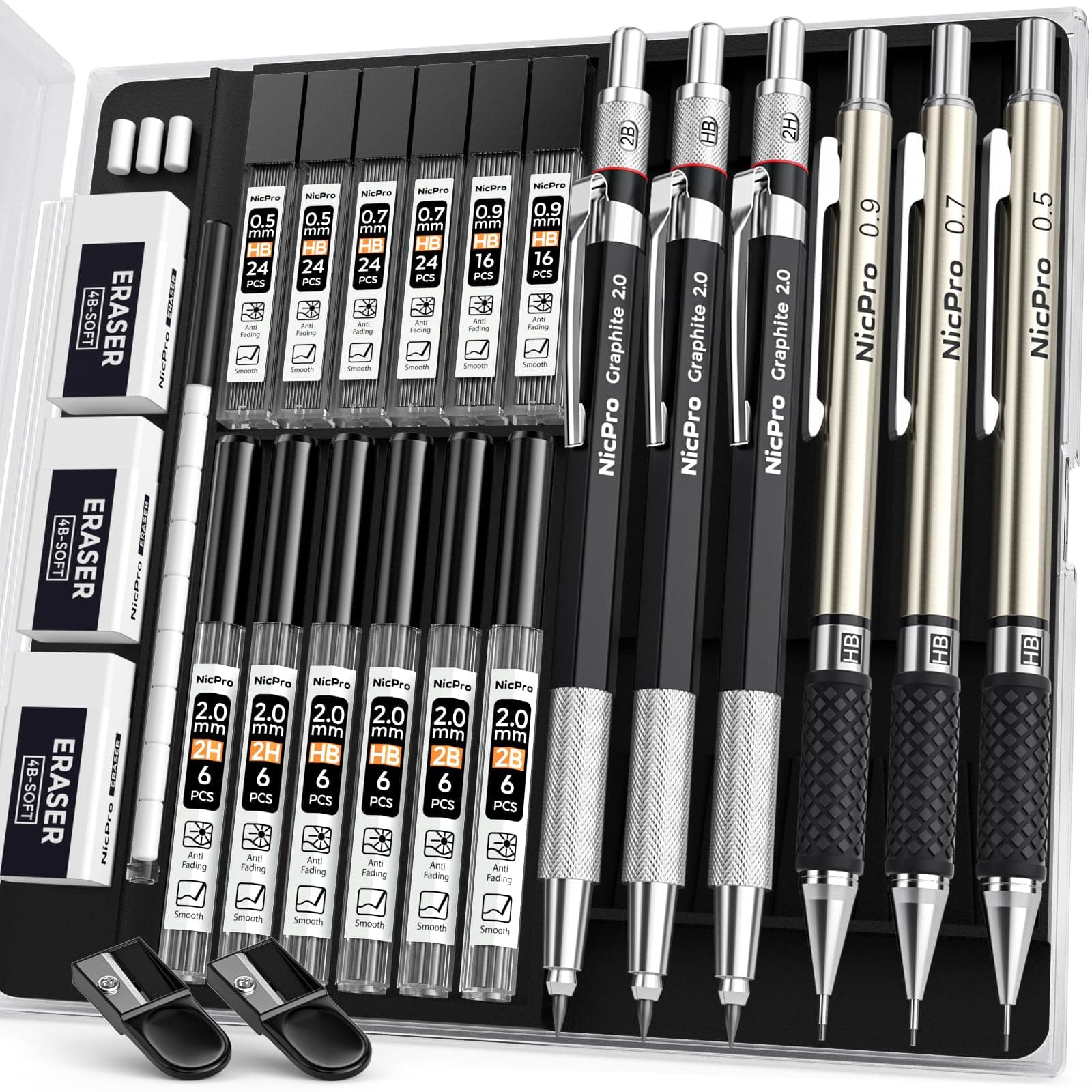 Nicpro 6PCS Art Mechanical Pencil Set, 3PCS Metal Drafting Pencil 0.5 mm & 0.7 mm & 0.9 mm & 3PCS 2mm Graphite Lead Holder (2B HB 2H) For Writing, Sketching Drawing With Lead Refills Case Silver - Image 1