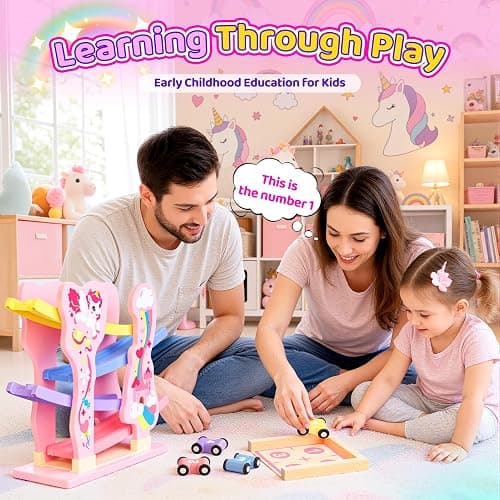 Toyzey Wooden Toys Cars Ramp Race Tracks, Unicorn Gifts for Girls Age 1 2 3 Year Olds Girl for 1 2 3 Year Olds Toddler Toy Age 1 2 Montessori Toys for 1 Year Old Birthday Gifts Baby Toy Pink thumbnail 4