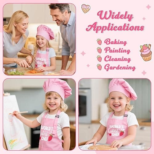 R HORSE Kid Apron and Chef Hat Set 2Pcs Adjustable Pink Children Kitchen Apron, Waterproof Dress up Role Play Chef Toy Funny Cooking Baking Painting and Training Kits for Kids Birthday Party Gift thumbnail 5