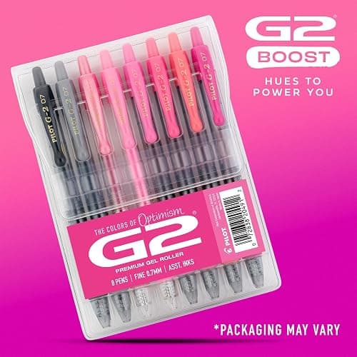 Pilot G2 Premium Gel Roller Pens, Fine Point Gel Pens, Boost Pink Pack, The Colors of Optimism, 8-Pack Pouch, 0.7 mm, Assorted - Ideal for School, Journaling, & Office Writing thumbnail 2