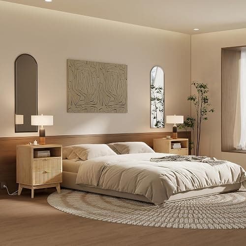 LYNCOHOME Fluted Nightstand with Charging Station, 19.7 inch Wide End Table with 2 Drawers, Modern Wood Bedside Table for Bedroom, Night Stand Set of 2,Natural thumbnail 6