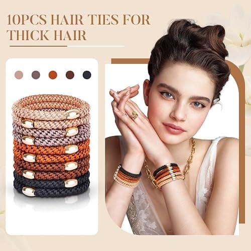 FORENEE 10Pcs Hair Ties for Thick Hair, No Damage - Neutral | Braided elastic ponytail holders with stretch for women and girls; suitable for buns, gym, work, travel and daily wear. thumbnail 5