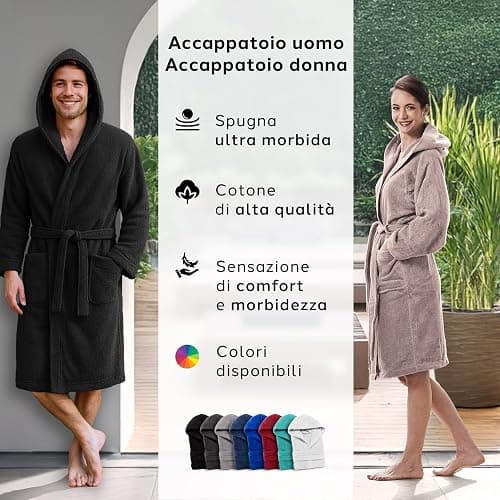 Caleffi - Accappatoio Uomo - Accappatoio Donna in Spugna di Cotone - Accappatoio Uomo Spugna Con Cappuccio - Accappatoio Piscina Palestra - Morbido e Assorbente, Asciugatura Rapida thumbnail 2