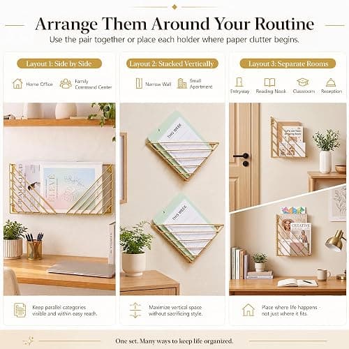Home Office Magazine Rack, 2 Pack Wall File Organizer with 4 No-Drill Adhesive Hooks, Gold Metal Wall Mounted Magazine Holder for Mail, Folders, Papers and Reading Materials in Entryway, Living Room thumbnail 8